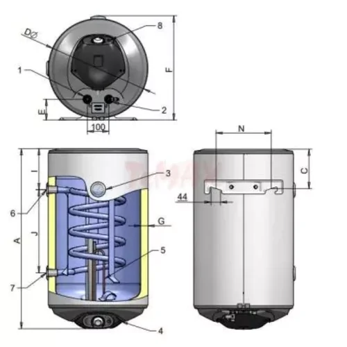 Комбиниран бойлер Eldom WV08046TRG, дясна серпентина, 2000 W, 80 л, вертикален монтаж, емайлиран