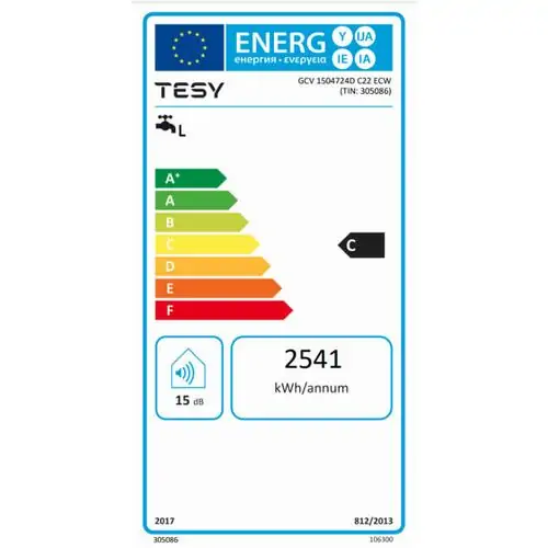 Вертикален бойлер TESY ModEco Cloud GCV1504724DC22ECW, 2400 W, 143 л,  с управление чрез интернет, вграден сух керамичен нагревател