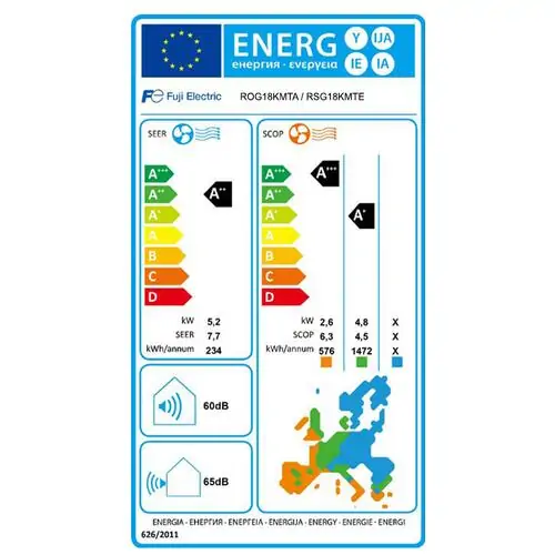 Инверторен климатик Fuji Electric RSG18KMTE/ROG18KMTA, 18 000 BTU, Клас А++/А+, 29 dB, Фреон R32