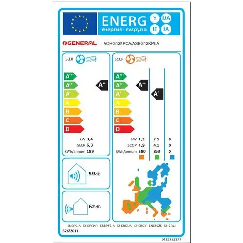 Инверторен климатик General ASHG12KPCE/AOHG12KPCA, 12 000 BTU, Клас А++/А+, 22 dB, Фреон R32