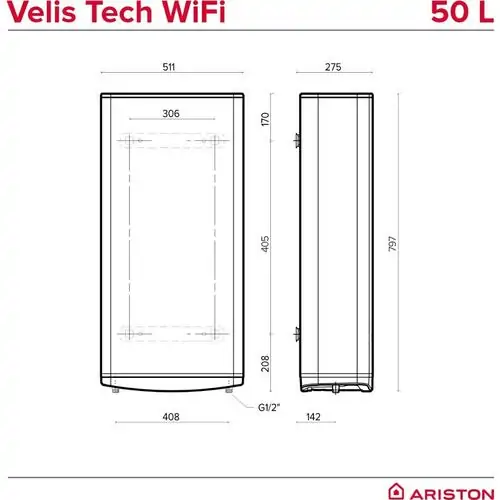 мултипозиционен бойлер Ariston Velis TECH Wi Fi 50 E, 1,5 kW